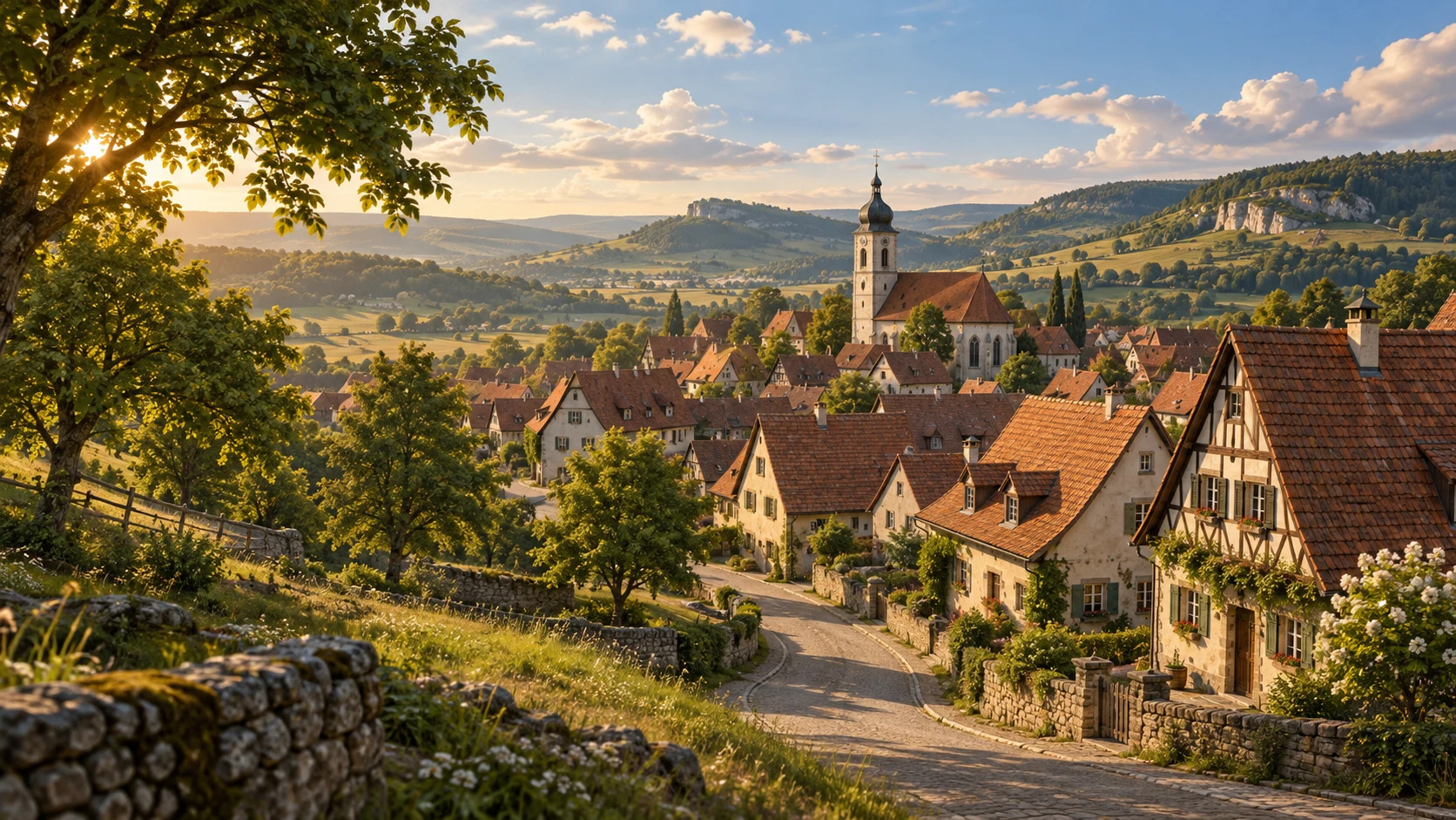 Konzeptillustration einer schwäbischen Ortschaft mit roten Dächern und grünen Hügeln